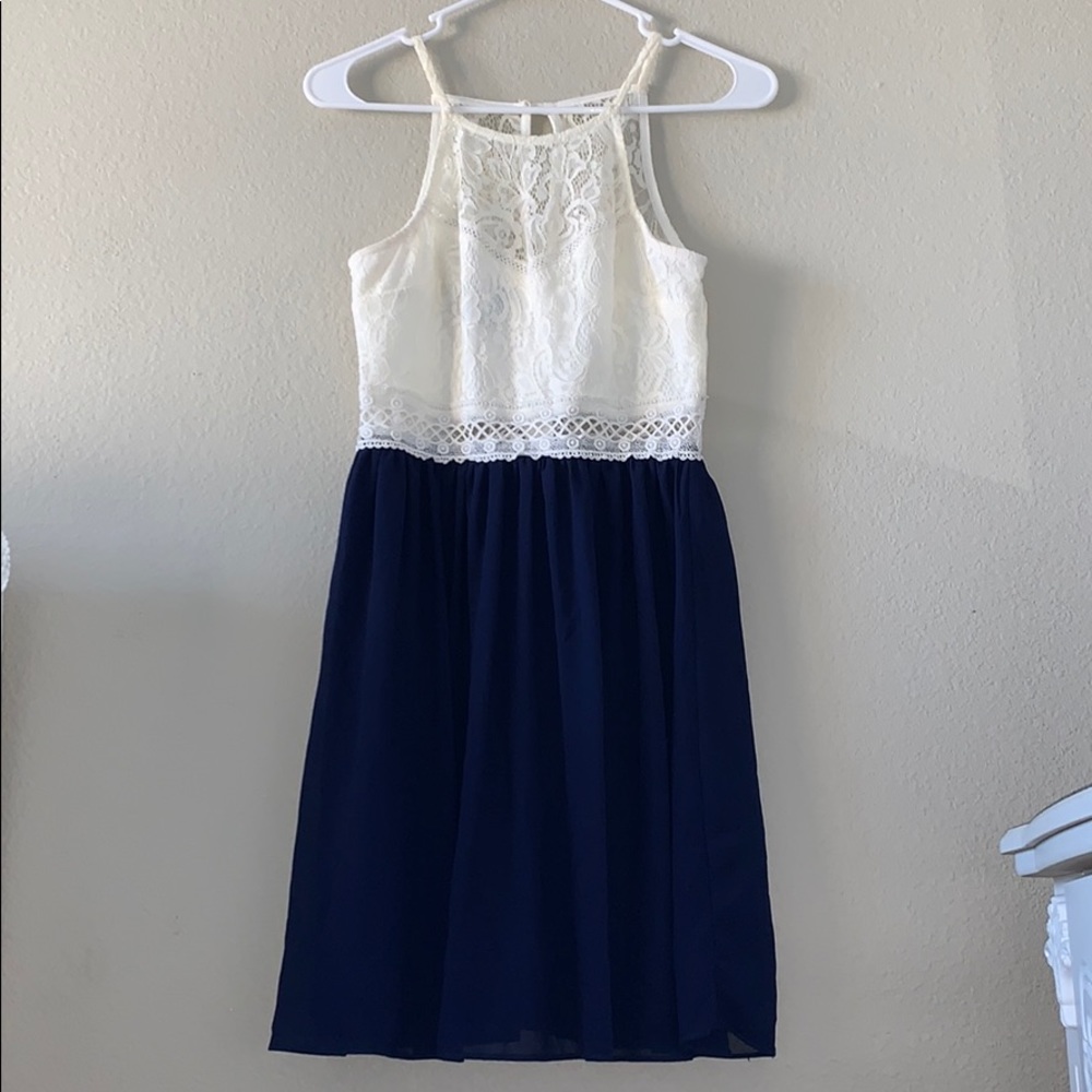Cute White Lace Top And Navy Blue Bottom Dress